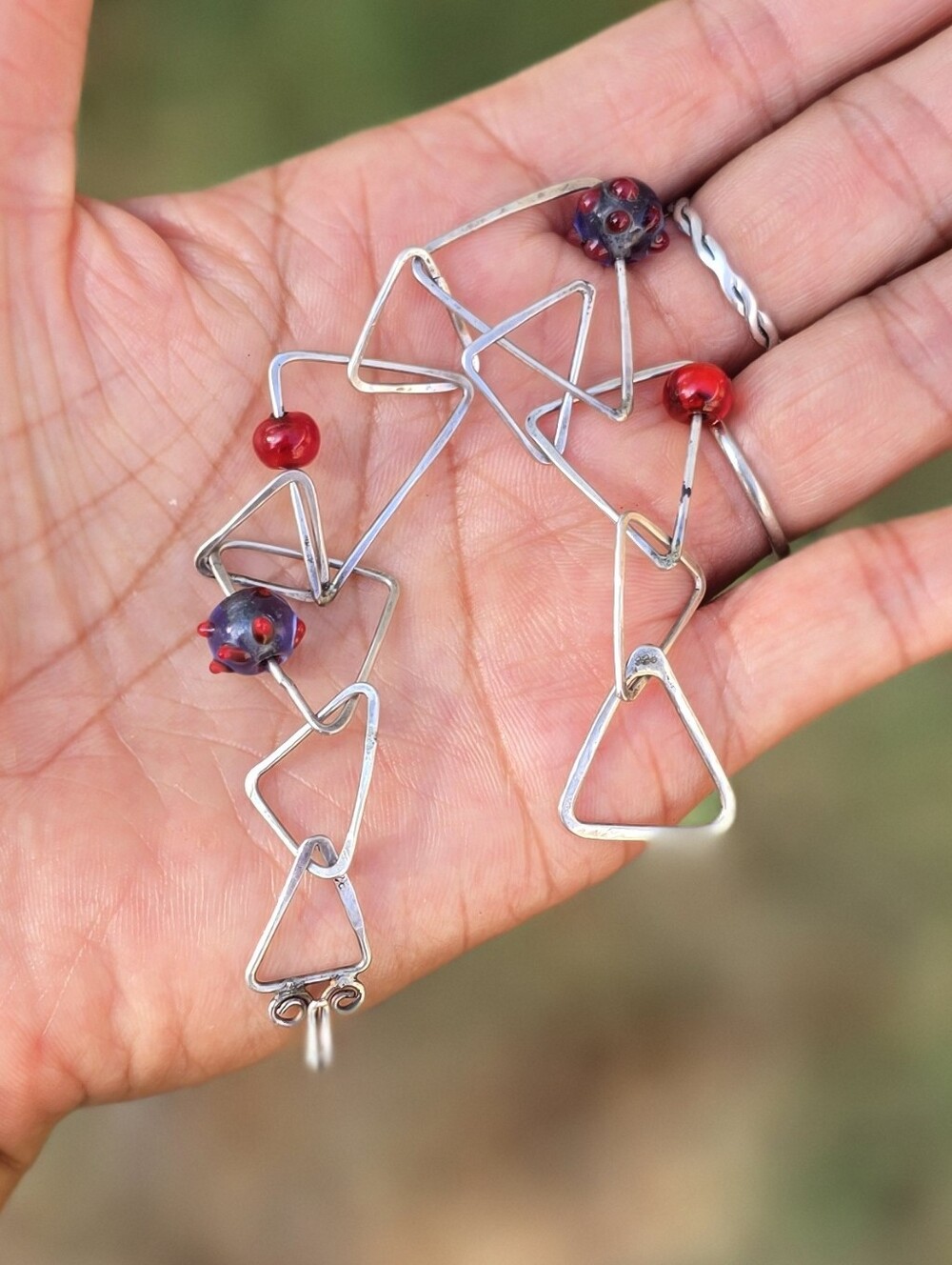 Handmade artisan 925 sterling silver handwrought triangles lampwork beads bracel